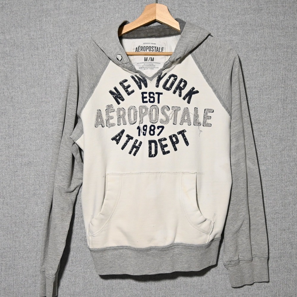 Aeropostale Graphic Raglan Hoodie Mens Ath Dept Pullover Size M Gray White